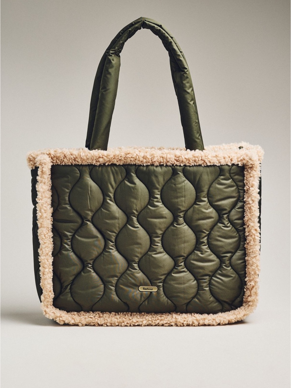 Barbour Olive Quilted Tote with Cream Shearling Trim